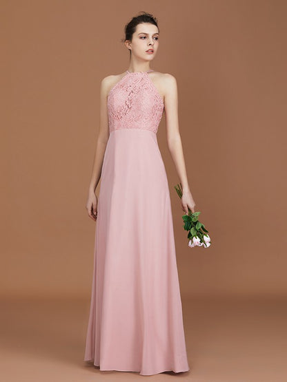 A-Line/Princess Halter Sleeveless Lace Floor-Length Chiffon Bridesmaid Dress