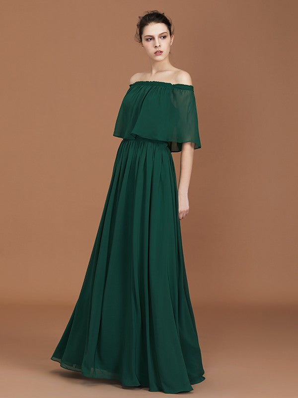 A-Line/Princess Pleats Off-the-Shoulder Floor-Length Chiffon Bridesmaid Dress