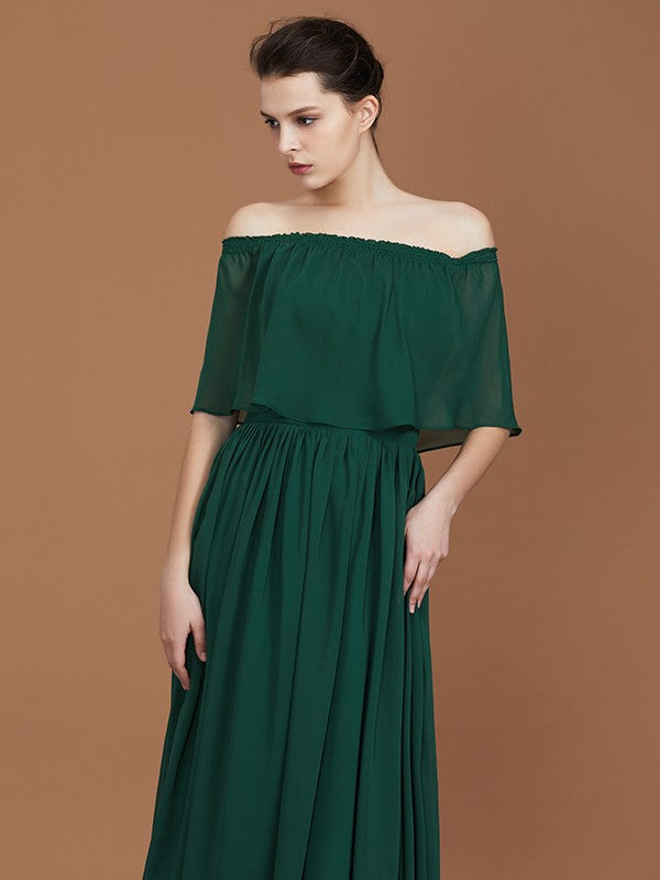 A-Line/Princess Pleats Off-the-Shoulder Floor-Length Chiffon Bridesmaid Dress