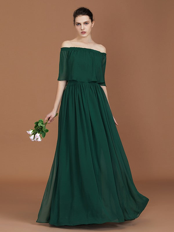 A-Line/Princess Pleats Off-the-Shoulder Floor-Length Chiffon Bridesmaid Dress