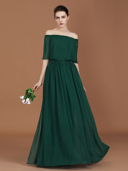 A-Line/Princess Pleats Off-the-Shoulder Floor-Length Chiffon Bridesmaid Dress