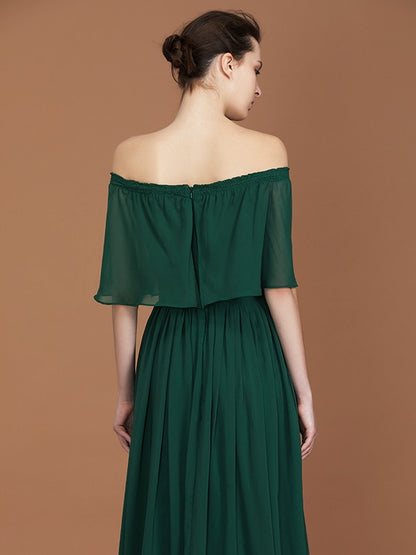 A-Line/Princess Pleats Off-the-Shoulder Floor-Length Chiffon Bridesmaid Dress