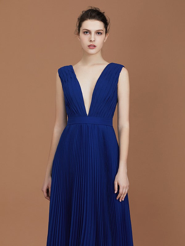A-Line/Princess V-neck Sleeveless Pleated Floor-Length Chiffon Bridesmaid Dress