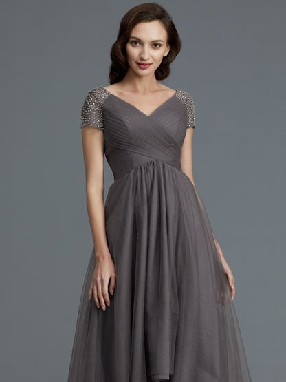 A-Line/Princess V-neck Short Sleeves Asymmetrical Tulle Mother of the Bride Dresses
