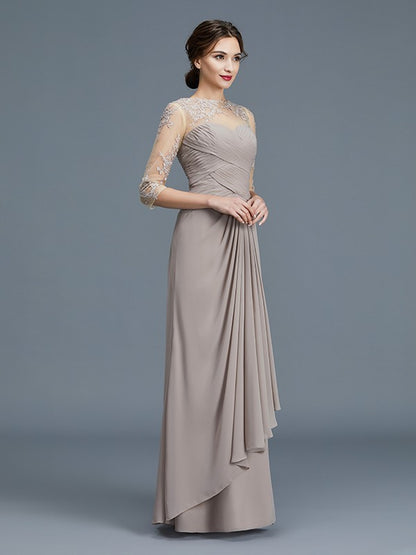 A-Line/Princess Sheer Neck 3/4 Sleeves Ruffles Chiffon Floor-Length Mother of the Bride Dresses