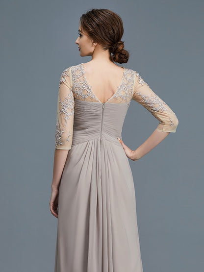 A-Line/Princess Sheer Neck 3/4 Sleeves Ruffles Chiffon Floor-Length Mother of the Bride Dresses