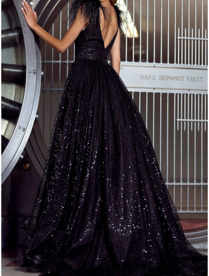 A-Line Evening Gown Elegant Dress Formal V Neck Sequined with Feather Sequin