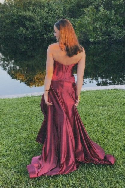 A-line maxi with satin corset strapless neckline and built-in bra slit ball gown