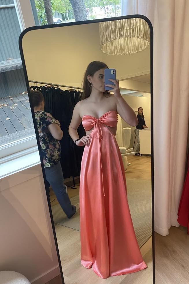 Strapless Pink Back Tie A-line Long Dress