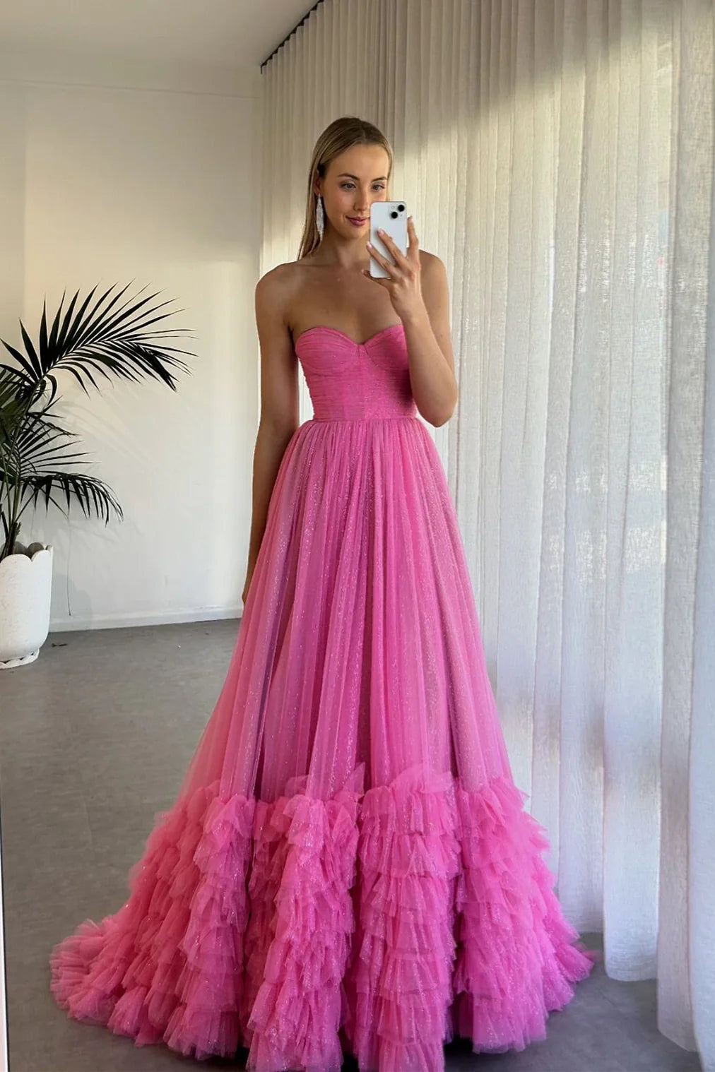 Sweetheart Pink Sparkle Tulle Ruffles Long Dress