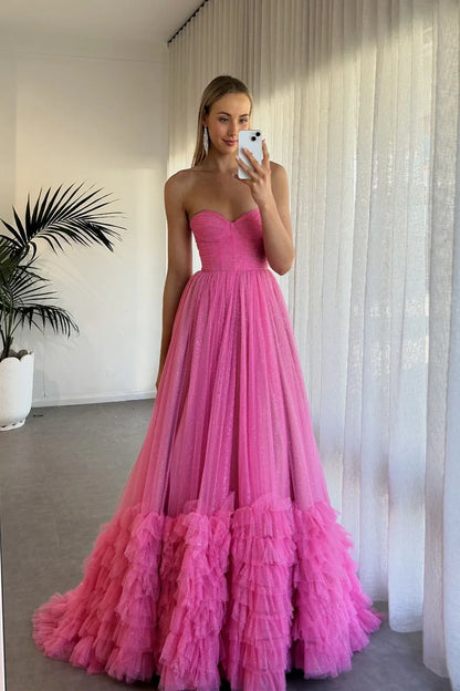 Sweetheart Pink Sparkle Tulle Ruffles Long Dress