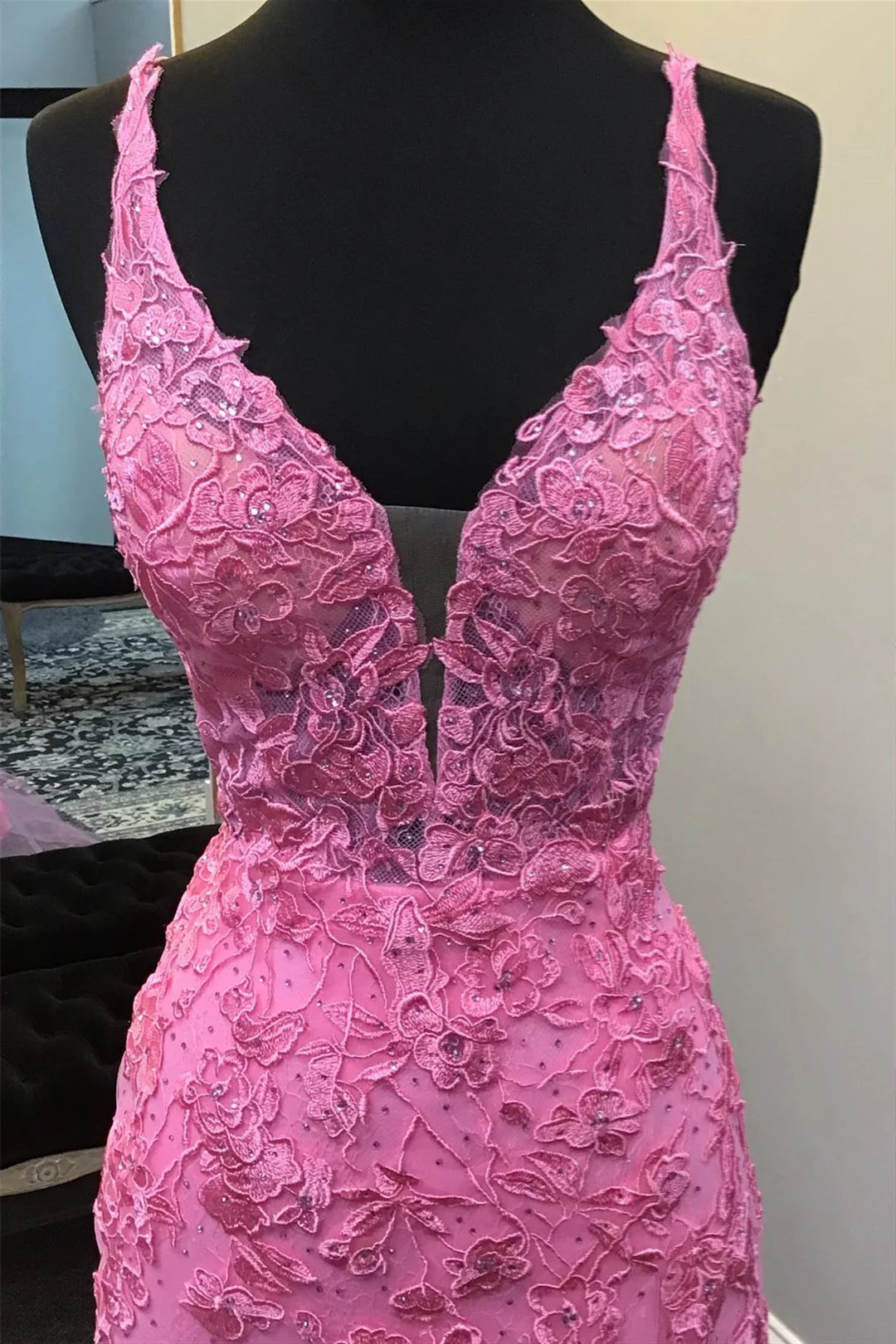 Plunge Neck Pink Appliques Long Dress with Slit