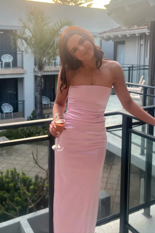 Strapless Pink Sheath Long Satin Dress