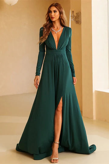 Raspberry V-Neck Long Sleeve A-Line Long Evening Dress