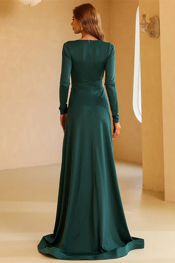 Raspberry V-Neck Long Sleeve A-Line Long Evening Dress – Koutun Dress