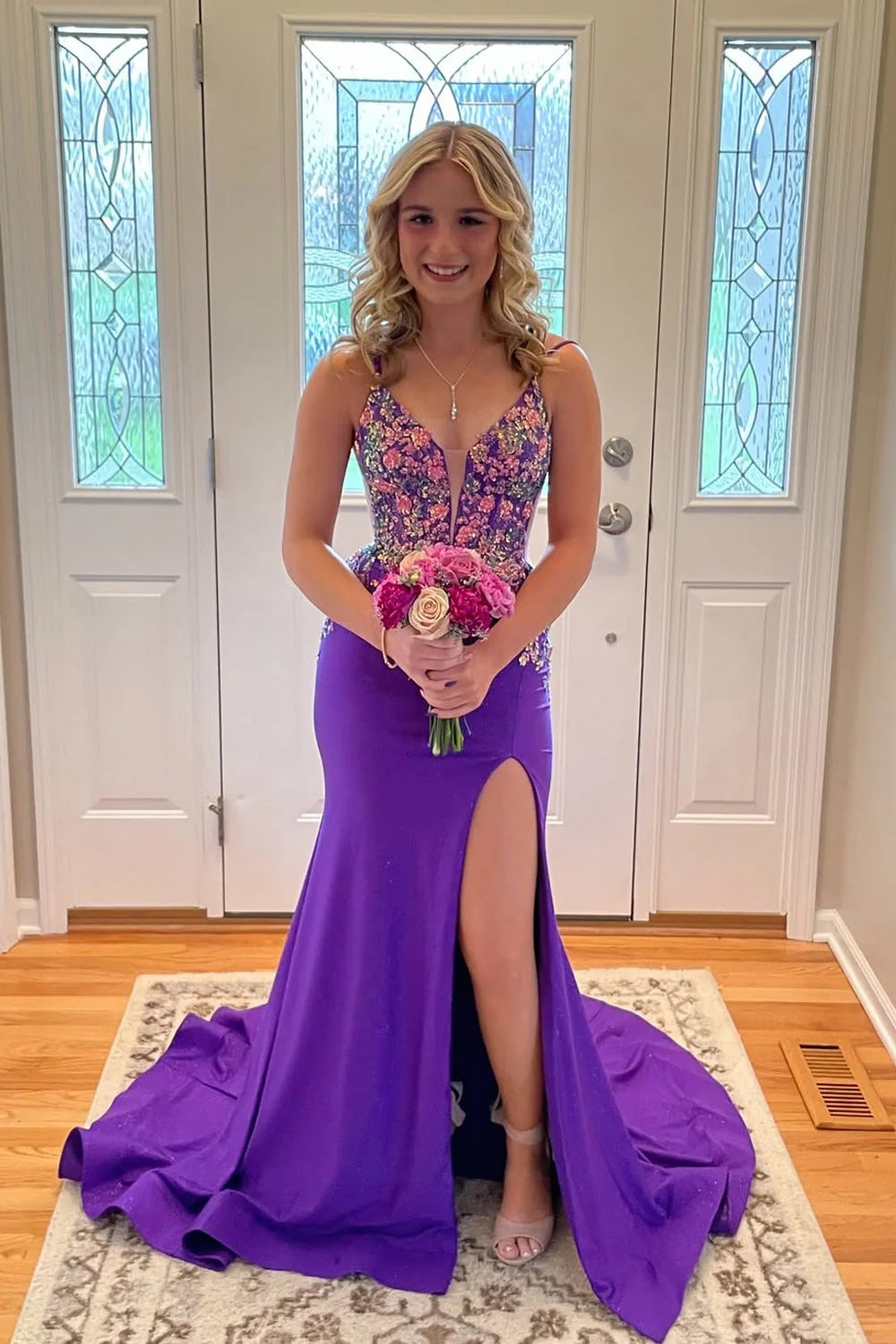 Mermaid V Neck Purple Satin Prom Dresses