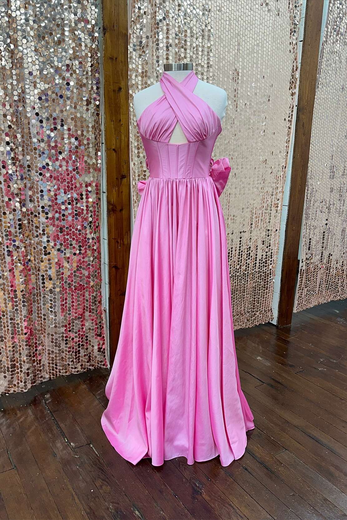 A-line Long Pink Evening Dress Halter Taffeta with Bow