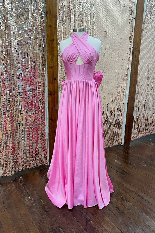 A-line Long Pink Evening Dress Halter Taffeta with Bow