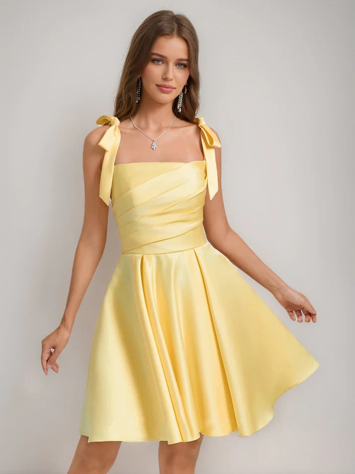 A-Line/Princess Square Pleated Mini Dresses Short Homecoming Dresses with Bow