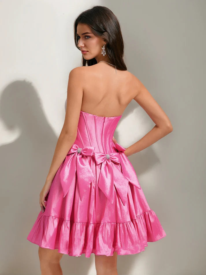 A-Line/Princess Strapless Ruffle Short Homecoming Dresses with Rhinestones & Bow