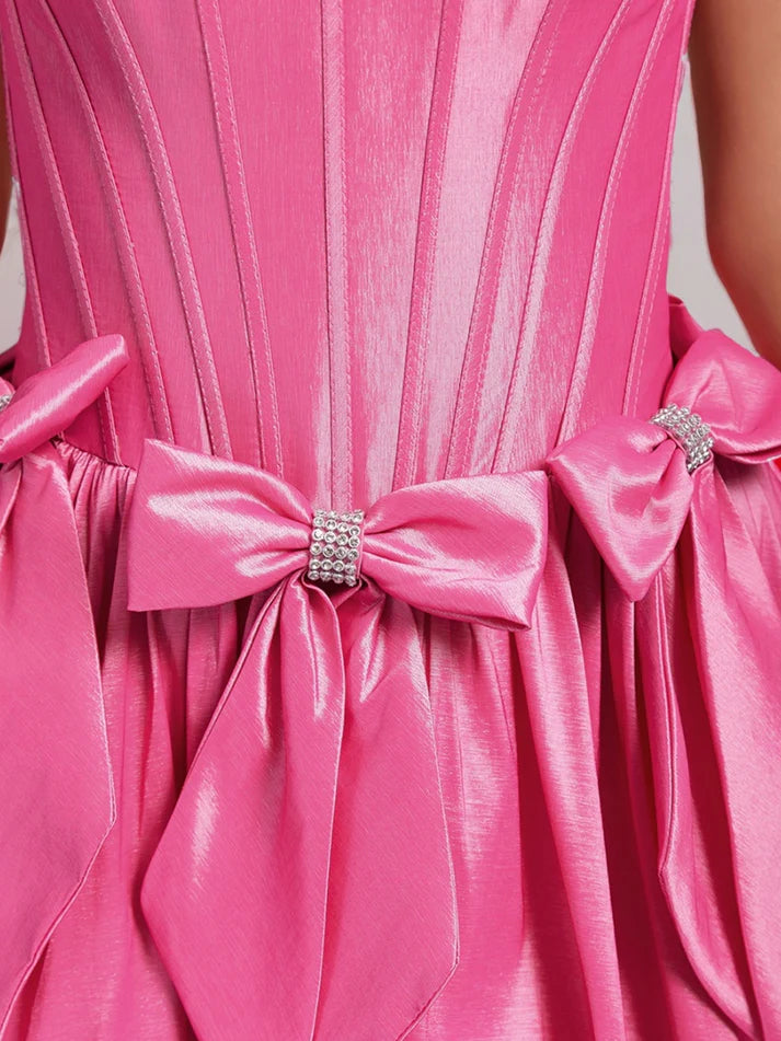 A-Line/Princess Strapless Ruffle Short Homecoming Dresses with Rhinestones & Bow