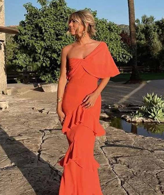 Chic One Shoulder Ruffle Mermaid Long Prom Dress
