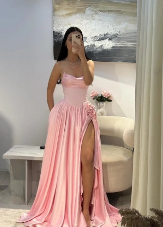 Vintage Strapless  Prom Dress with Corset Bodice High Slit 3D Floral