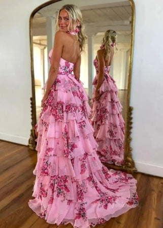 Pink Floral Prom Dresses 2025 Tiered Halter Neck Formal Gown
