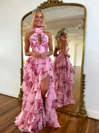 Pink Floral Prom Dresses 2025 Tiered Halter Neck Formal Gown
