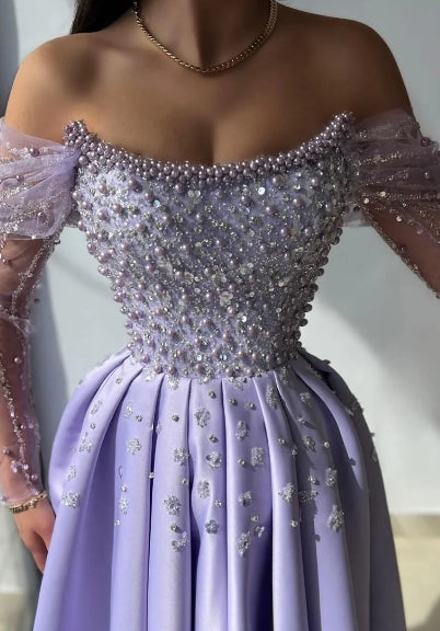 Sparkle  A-Line Bateau Off-Shoulder Beaded Party Prom Evening Dress