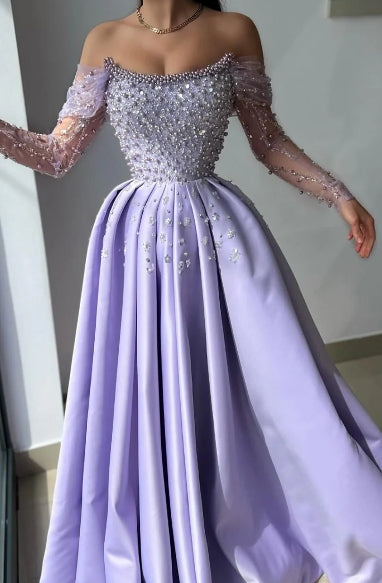Sparkle  A-Line Bateau Off-Shoulder Beaded Party Prom Evening Dress