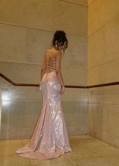 Shinny Sleeveless Spaghetti Straps Long Party Gowns Evening Dresses