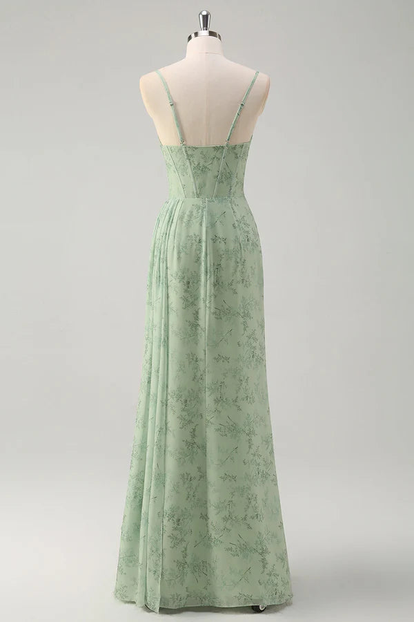 Artistic Floral Corset Ruched Long Prom Dress with Slit