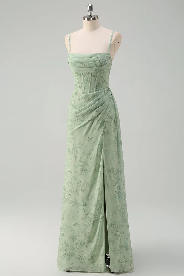 Artistic Floral Corset Ruched Long Prom Dress with Slit