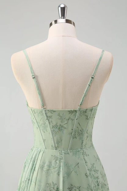 Artistic Floral Corset Ruched Long Prom Dress with Slit