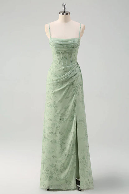 Artistic Floral Corset Ruched Long Prom Dress with Slit