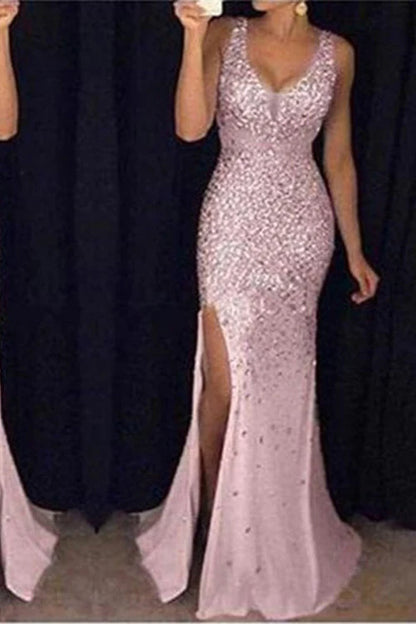Luxury Sparkle & Shine Sleeveless High Split Prom Gown Evening Dress