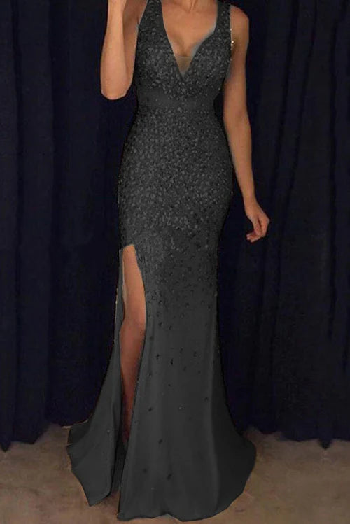Luxury Sparkle & Shine Sleeveless High Split Prom Gown Evening Dress