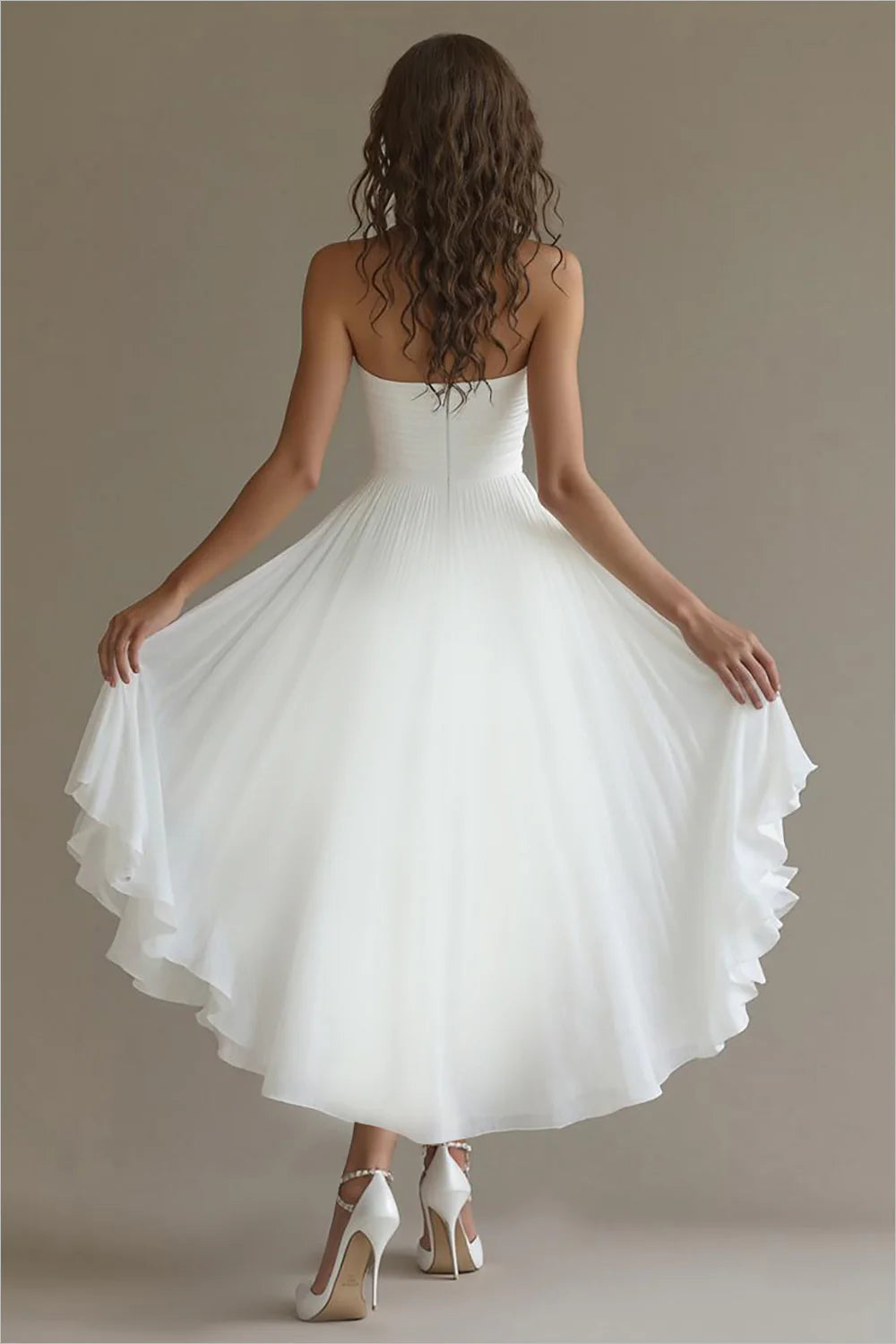 White A Line High-Low tube top with Ruffles Prom Dresses