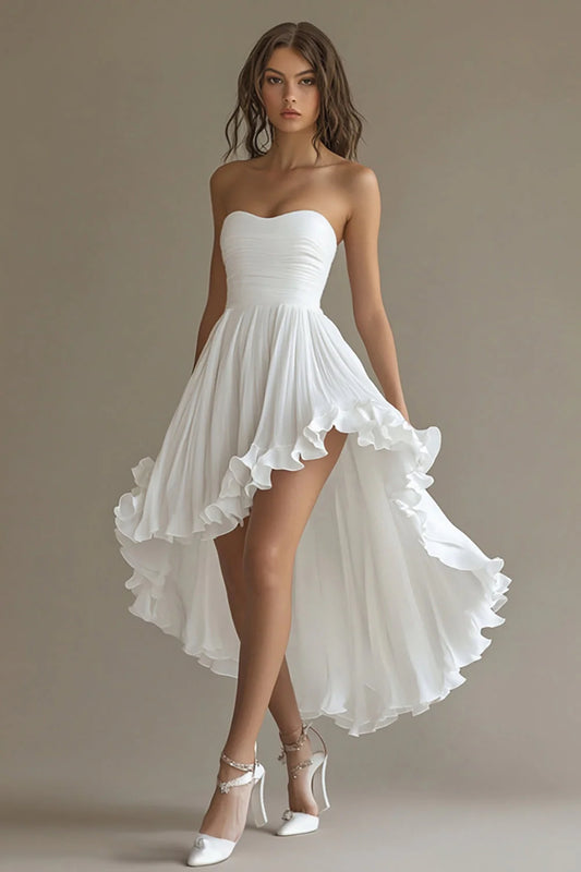 White A Line High-Low tube top with Ruffles Prom Dresses
