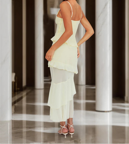 Chic Sheath/Column Straps V-Neck Rosette Maxi Dress Long Prom Dresses with Ruffles