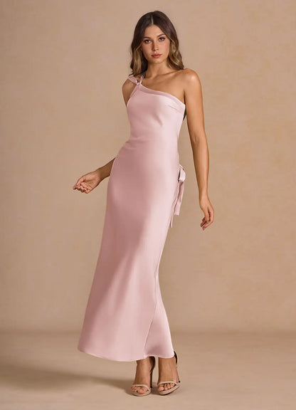 One shoulder Backless Powder Pink Maxi Dress Prom Dresses