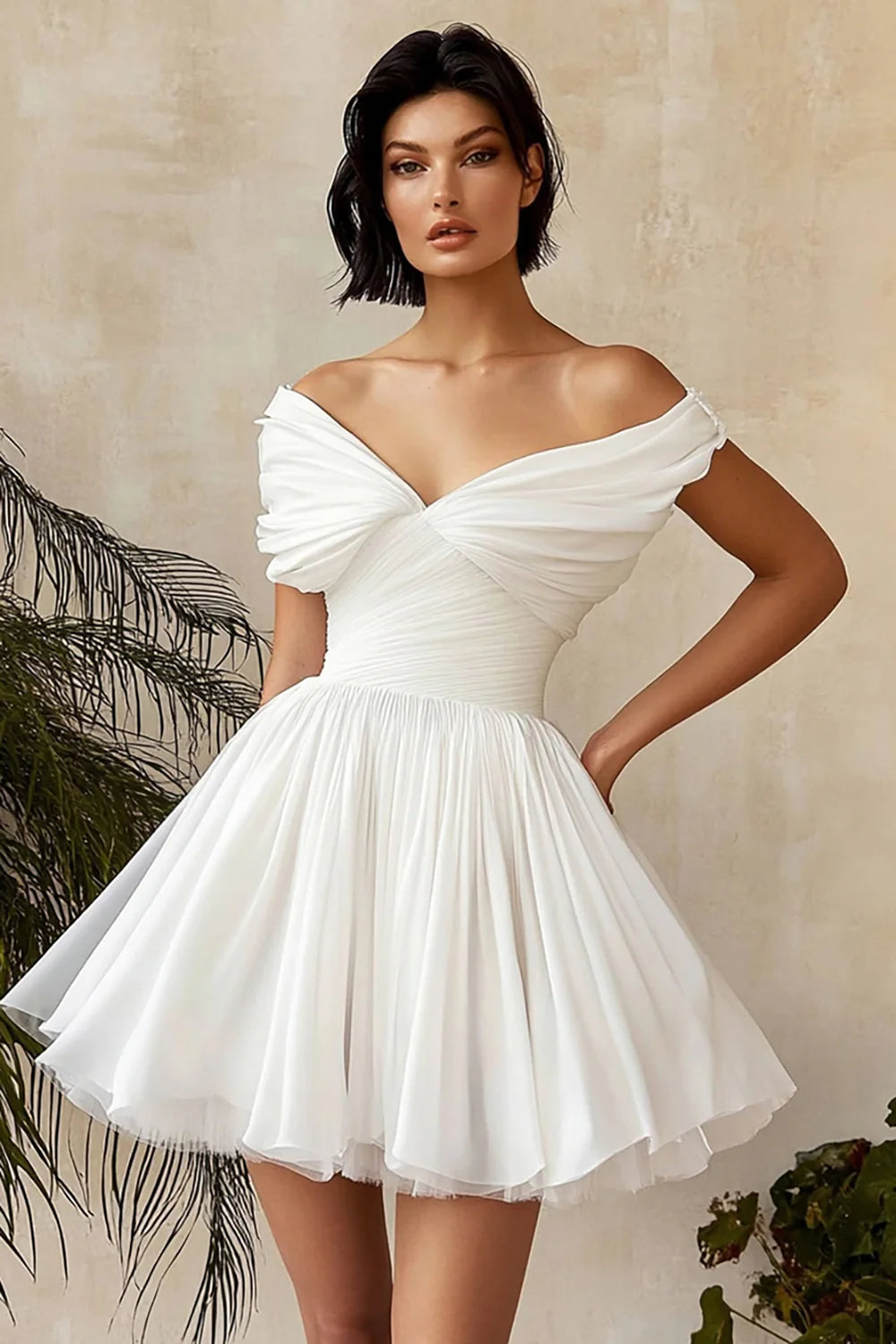 Elegant Off the Shoulder A Line Ruched White Graduation Dress Homecoming dresses