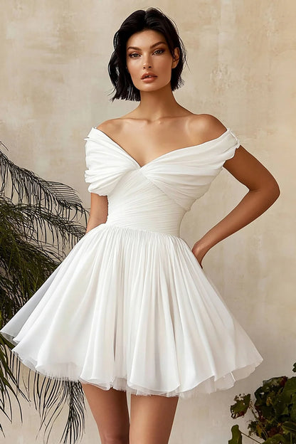 Elegant Off the Shoulder A Line Ruched White Graduation Dress Homecoming dresses