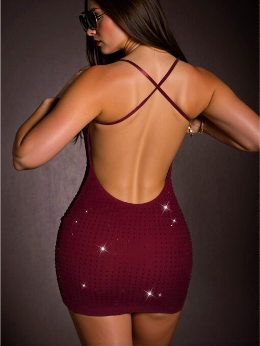 Elegant Burgundy Dazzling Backless Rhinestone Mini Dress