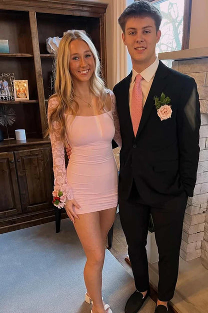 Chic Lace Long Sleeves Pleats Scoop Neck Mini Homecoming Party Dress