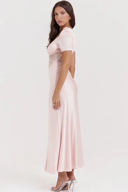 Chic Silky Satin Pleated Deep V Puff Sleeve Lace Panel Fishtail Evening Maxi Dress