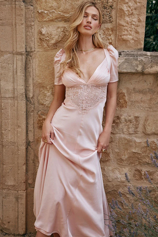 Chic Silky Satin Pleated Deep V Puff Sleeve Lace Panel Fishtail Evening Maxi Dress