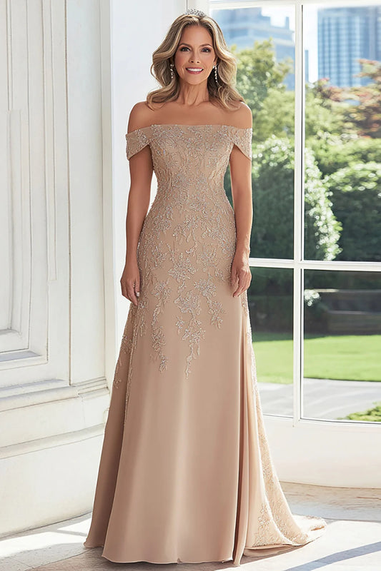 Elegant Taupe Lace Applique Sheath Off the Shoulder Mother of the Bride Dress
