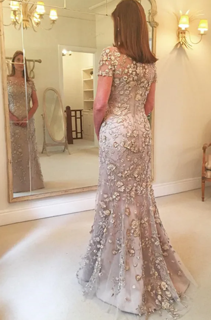 Mermaid Short-Sleeves Appliques Glamorous Floor-Length Evening Dress